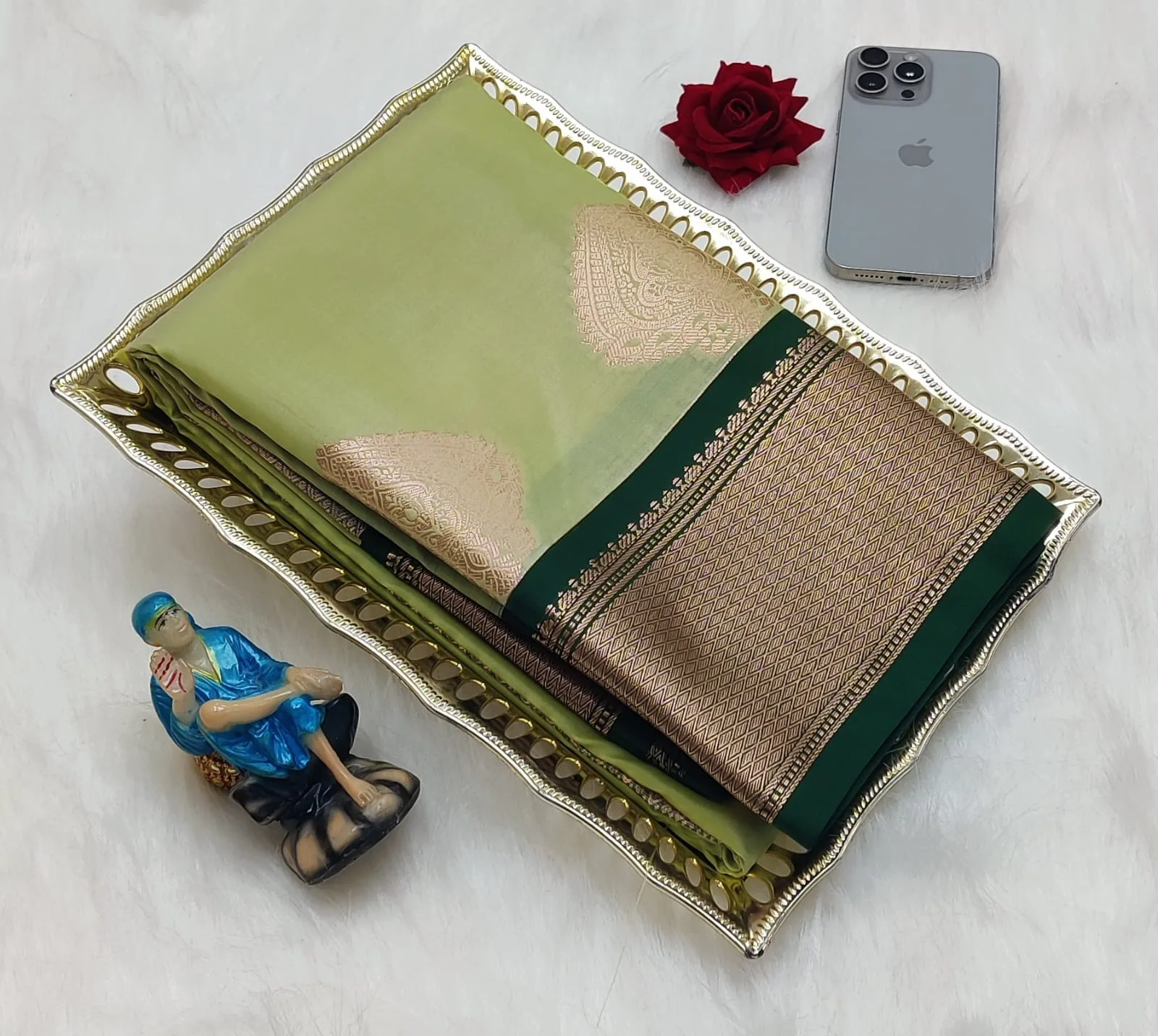 Butta Motif with Bottle Green Contrast Border Korvai Soft Silk Saree